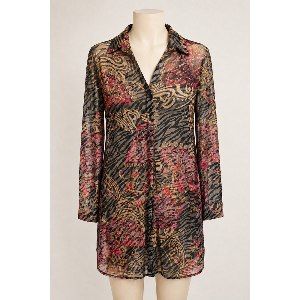 Caleesa Burnout Velvet Mixed Animal Print Button Down Tunic Top Small Y2K